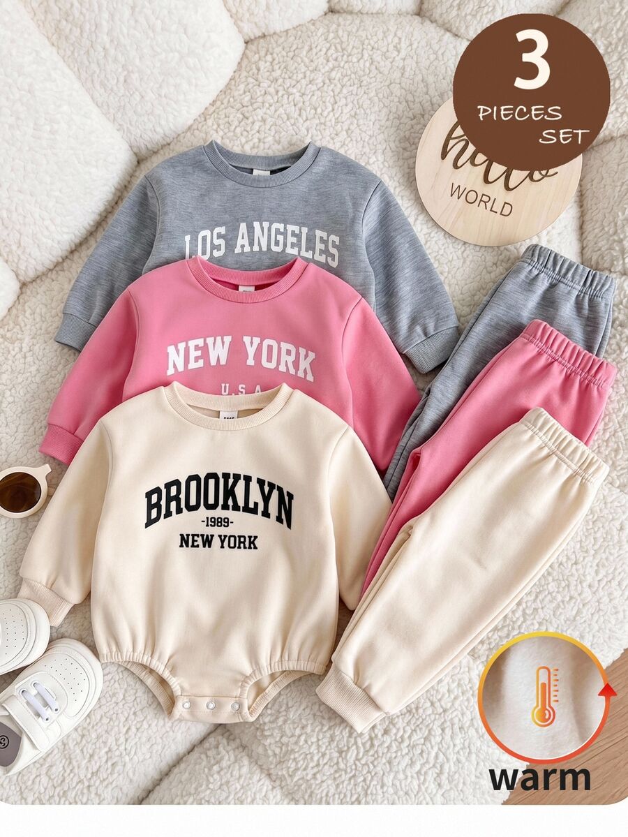 SHEIN Baby Girl 3pcs Autumn/Winter Fuzzy Thermal Lined Knit Round Neck Long Sleeve Letter Print Bodysuit - Multicolor - View 1