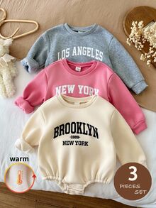 SHEIN Baby Girl 3pcs Autumn/Winter Fuzzy Thermal Lined Knit Round Neck Long Sleeve Letter Print Bodysuit - Multicolor - View 2