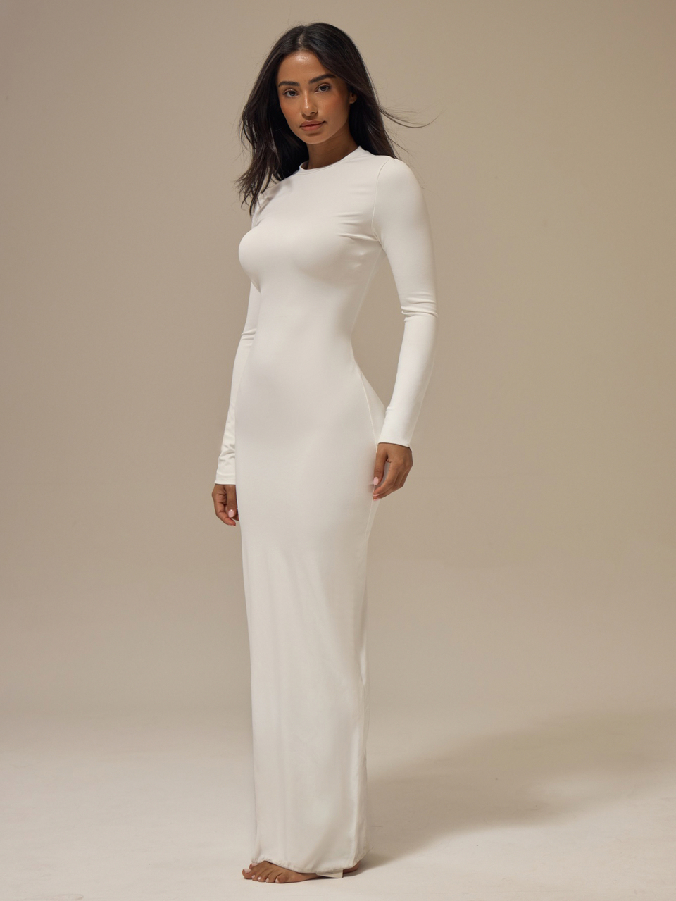 Robe Midaxi Moulante à Manches Longues Toucher Doux Blanc