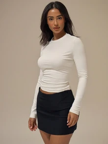MUSERA ESSENTIALS Soft Touch Long Sleeve Top Basic Casual Airport Holiday Back To School  Spring Summer Office Work - White - View 3