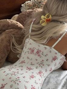 CottageSlumber Women's Cute Fitted Pajama Romper With Ruffle Neckline And Bow Decor - Beige - View 2