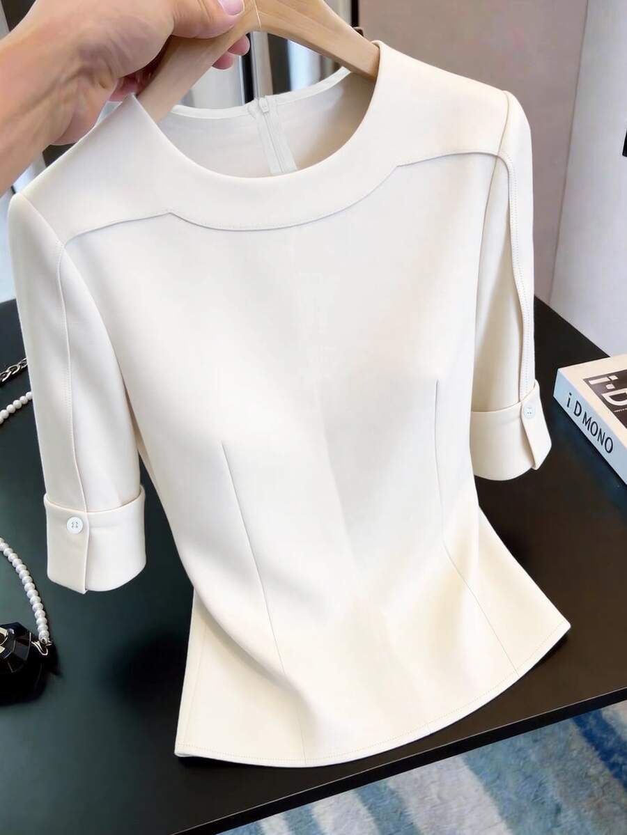 SHEIN Franclia 女款素色圓領休閒百搭日常出遊襯衫 - 白色 - 查看 1