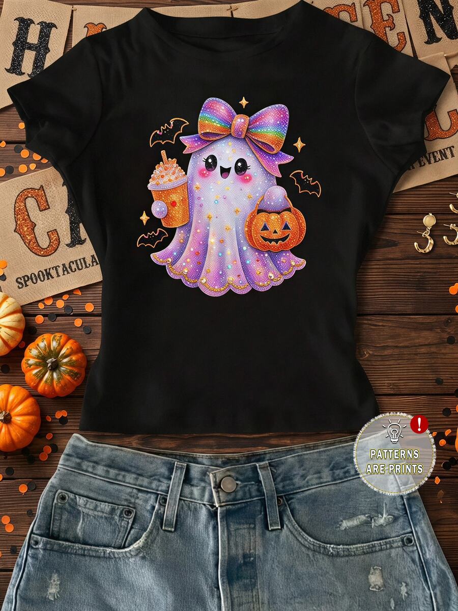 Tween Girl Halloween Print Short Sleeve Tee - Multicolor - View 1