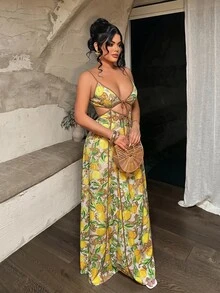 SHEIN SXY 海灘度假檸檬印花鏤空露背細肩帶洋裝 - 黃色 - 查看 6