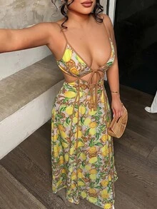 SHEIN SXY 海灘度假檸檬印花鏤空露背細肩帶洋裝 - 黃色 - 查看 7
