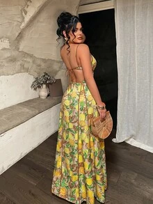 SHEIN SXY 海灘度假檸檬印花鏤空露背細肩帶洋裝 - 黃色 - 查看 2