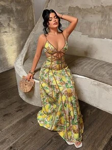 SHEIN SXY 海灘度假檸檬印花鏤空露背細肩帶洋裝 - 黃色 - 查看 5