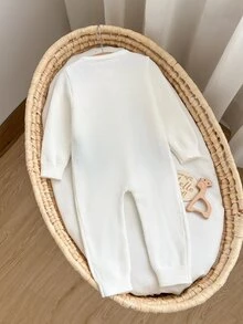 SHEIN 新生兒秋冬可愛卡通圖案長袖針織連身衣 中性色 - 白色 - 查看 2