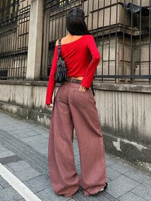 StreetHx 時尚休閒街頭風 Y2K 低腰牛仔彎腿褲 日常外出穿搭 灰粉色 秋季 - 咖啡棕 - 查看 2