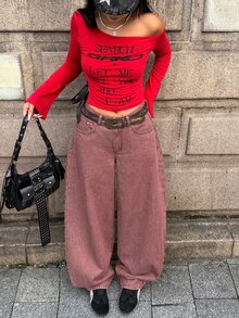 StreetHx 時尚休閒街頭風 Y2K 低腰牛仔彎腿褲 日常外出穿搭 灰粉色 秋季 - 咖啡棕 - 查看 3