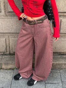 StreetHx 時尚休閒街頭風 Y2K 低腰牛仔彎腿褲 日常外出穿搭 灰粉色 秋季 - 咖啡棕 - 查看 4