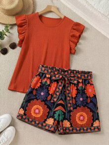 SHEIN LUNE 大尺碼女款純色圓領上衣與短褲休閒波希米亞日常兩件套 度假夏季 焦橙色/黑色 - 彩色 - 查看 1