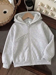 SHEIN Sparklyn 秋冬女童連帽拉鍊外套，街頭風混搭，保暖針織面料，微鬆版型留成長空間，適合校園與街頭穿著，瞬間變身活力女孩 - 灰色 - 查看 3