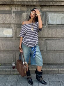 Coolane 女款秋季街頭風 Y2K 骷髏圖案寬鬆黑色 T 恤，適合外出穿著 - 藏蓝色 - 查看 7