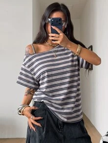 Coolane 女款秋季街頭風 Y2K 骷髏圖案寬鬆黑色 T 恤，適合外出穿著 - 藏蓝色 - 查看 5