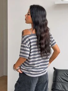 Coolane 女款秋季街頭風 Y2K 骷髏圖案寬鬆黑色 T 恤，適合外出穿著 - 藏蓝色 - 查看 8