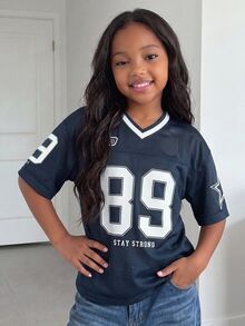 Tween Girls' Sporty Jersey Top, Colorblock With Numeric & Text Print, V-Neck Short Sleeve, Suitable For Sports Events, Spring/Summer - Royal Blue - View 1
