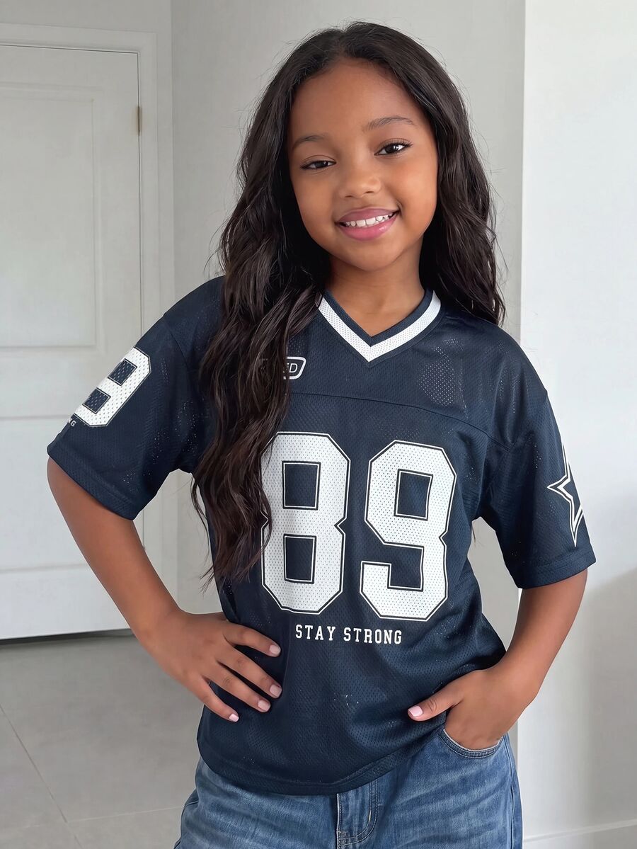 Tween Girls' Sporty Jersey Top, Colorblock With Numeric & Text Print, V-Neck Short Sleeve, Suitable For Sports Events, Spring/Summer - Royal Blue - View 1