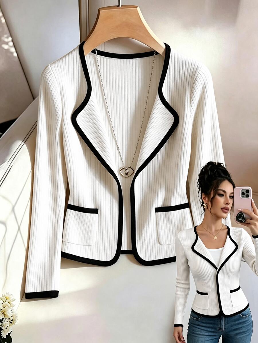 GlowEve Women's Contrast Trim Regular Jacket Teachers' Day Office Black And Cream Autumn Elegant - Black and White - View 1