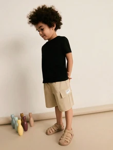 3件組兒童小男孩休閒日常百搭舒適素色拼接口袋寬鬆梭織短褲，3款各1件，適合通勤、上學、日常休閒、度假旅行、運動，春秋夏季 - 軍綠色 - 查看 10