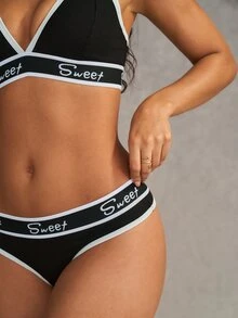 Esseday Yoga Letter Tape Contrast Binding Bra & Panty Lingerie Set Sports - Black and White - View 5