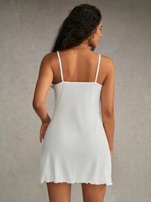 Esseday Women's Solid Color Lace Trim Slit Camisole Nightgown Spaghetti Strap Lace Nightgown - White - View 3