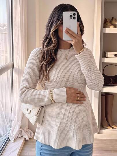SHEIN Umstands-Pullover in Unifarbe, lässig und vielseitig für den Alltag, langärmlig, für den Winter
