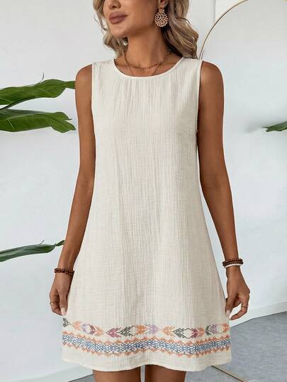 SHEIN LUNE Summer Casual Tropical Beach Vacation Vacation Vacation Vacation Vacation Cotton Linen Textured Beige Sleeveless Shift Dress For Women Sundress Boho