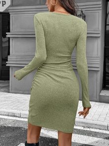 SHEIN LUNE Autumn Long Sleeve Ruched Waist Fitted Ribbed Short Dress For Women, Black,Casual - Aqua Green - View 3
