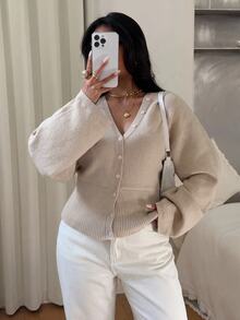 SHEIN PETITE CURVE Cardigan Rajut Wanita Ukuran Besar Warna Polos Leher V Lengan Panjang Kancing Tunggal Musim Gugur Kantor Formal Cokelat Muda Kasual Tradisional - Khaki - View 10