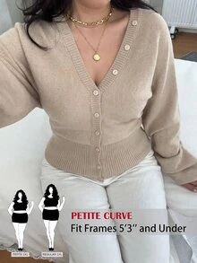 SHEIN PETITE CURVE Cardigan Rajut Wanita Ukuran Besar Warna Polos Leher V Lengan Panjang Kancing Tunggal Musim Gugur Kantor Formal Cokelat Muda Kasual Tradisional - Khaki - View 2