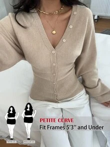 SHEIN PETITE CURVE Cardigan Rajut Wanita Ukuran Besar Warna Polos Leher V Lengan Panjang Kancing Tunggal Musim Gugur Kantor Formal Cokelat Muda Kasual Tradisional - Khaki - View 3