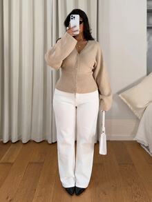 SHEIN PETITE CURVE Cardigan Rajut Wanita Ukuran Besar Warna Polos Leher V Lengan Panjang Kancing Tunggal Musim Gugur Kantor Formal Cokelat Muda Kasual Tradisional - Khaki - View 5