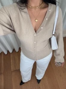 SHEIN PETITE CURVE Cardigan Rajut Wanita Ukuran Besar Warna Polos Leher V Lengan Panjang Kancing Tunggal Musim Gugur Kantor Formal Cokelat Muda Kasual Tradisional - Khaki - View 8