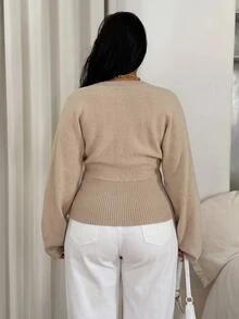 SHEIN PETITE CURVE Cardigan Rajut Wanita Ukuran Besar Warna Polos Leher V Lengan Panjang Kancing Tunggal Musim Gugur Kantor Formal Cokelat Muda Kasual Tradisional - Khaki - View 9