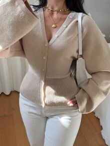 SHEIN PETITE CURVE Cardigan Rajut Wanita Ukuran Besar Warna Polos Leher V Lengan Panjang Kancing Tunggal Musim Gugur Kantor Formal Cokelat Muda Kasual Tradisional - Khaki - View 4