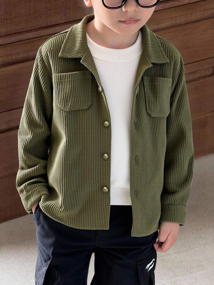 SHEIN Young Boys' Comfortable Versatile Loose Corduroy Long Sleeve Shirt, Christmas Colors Fall Winter - Green - View 1