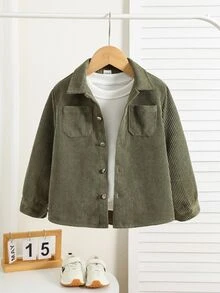SHEIN Young Boys' Comfortable Versatile Loose Corduroy Long Sleeve Shirt, Christmas Colors Fall Winter - Green - View 5