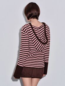 ROMWE Y2K Women's Striped Drop Shoulder Long Sleeve Casual Drawstring Hooded Sweater - Brown - View 5