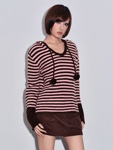 ROMWE Y2K Women's Striped Drop Shoulder Long Sleeve Casual Drawstring Hooded Sweater - Brown - View 4