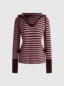 ROMWE Y2K Women's Striped Drop Shoulder Long Sleeve Casual Drawstring Hooded Sweater - Brown - View 1