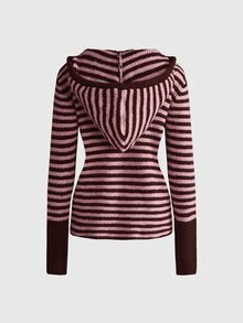ROMWE Y2K Women's Striped Drop Shoulder Long Sleeve Casual Drawstring Hooded Sweater - Brown - View 8