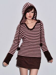ROMWE Y2K Women's Striped Drop Shoulder Long Sleeve Casual Drawstring Hooded Sweater - Brown - View 6