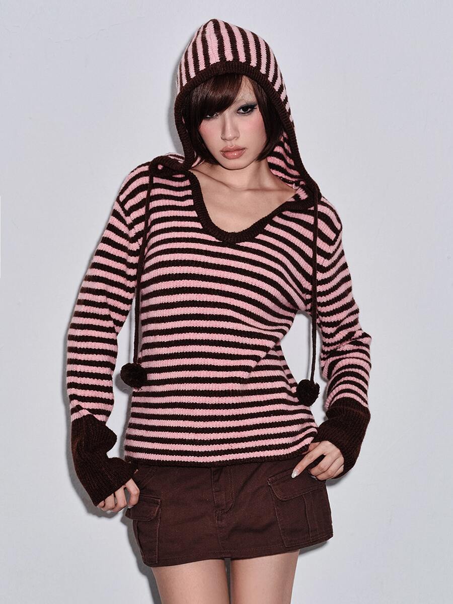 ROMWE Y2K Sweater Wanita Bergaris Lengan Panjang Model Bahu Longgar Kasual dengan Tali Serut dan Tudung - Coklat - View 1