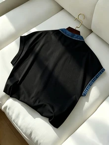 GlowEve CURVE 大尺碼女款拼色短袖單排扣休閒襯衫 - 黑色 - 查看 2