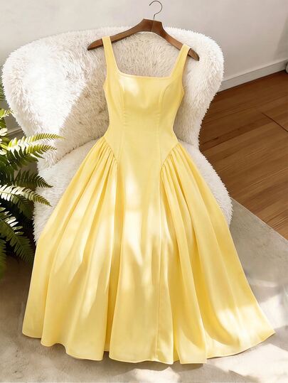 SHEIN LUNE CURVE Plus Size Women's French Elegant Casual Fashion Cinched Waist Square Neck Cami Summer New Pale Yellow Elegant Slimming A-Line Midi Dress