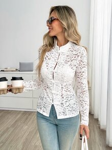 Easowa Sexy romantische elegante vielseitige Damen-Spitzenbluse mit langen Ärmeln für den täglichen Gebrauch, Hochzeit, Brunch, Date, Party, weiße Spitze - Weiss - Übersicht 4