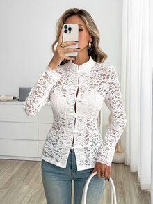 Easowa Sexy romantische elegante vielseitige Damen-Spitzenbluse mit langen Ärmeln für den täglichen Gebrauch, Hochzeit, Brunch, Date, Party, weiße Spitze - Weiss - Übersicht 6