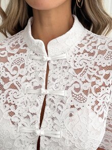 Easowa Sexy romantische elegante vielseitige Damen-Spitzenbluse mit langen Ärmeln für den täglichen Gebrauch, Hochzeit, Brunch, Date, Party, weiße Spitze - Weiss - Übersicht 7