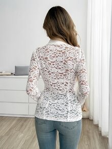 Easowa Sexy romantische elegante vielseitige Damen-Spitzenbluse mit langen Ärmeln für den täglichen Gebrauch, Hochzeit, Brunch, Date, Party, weiße Spitze - Weiss - Übersicht 8